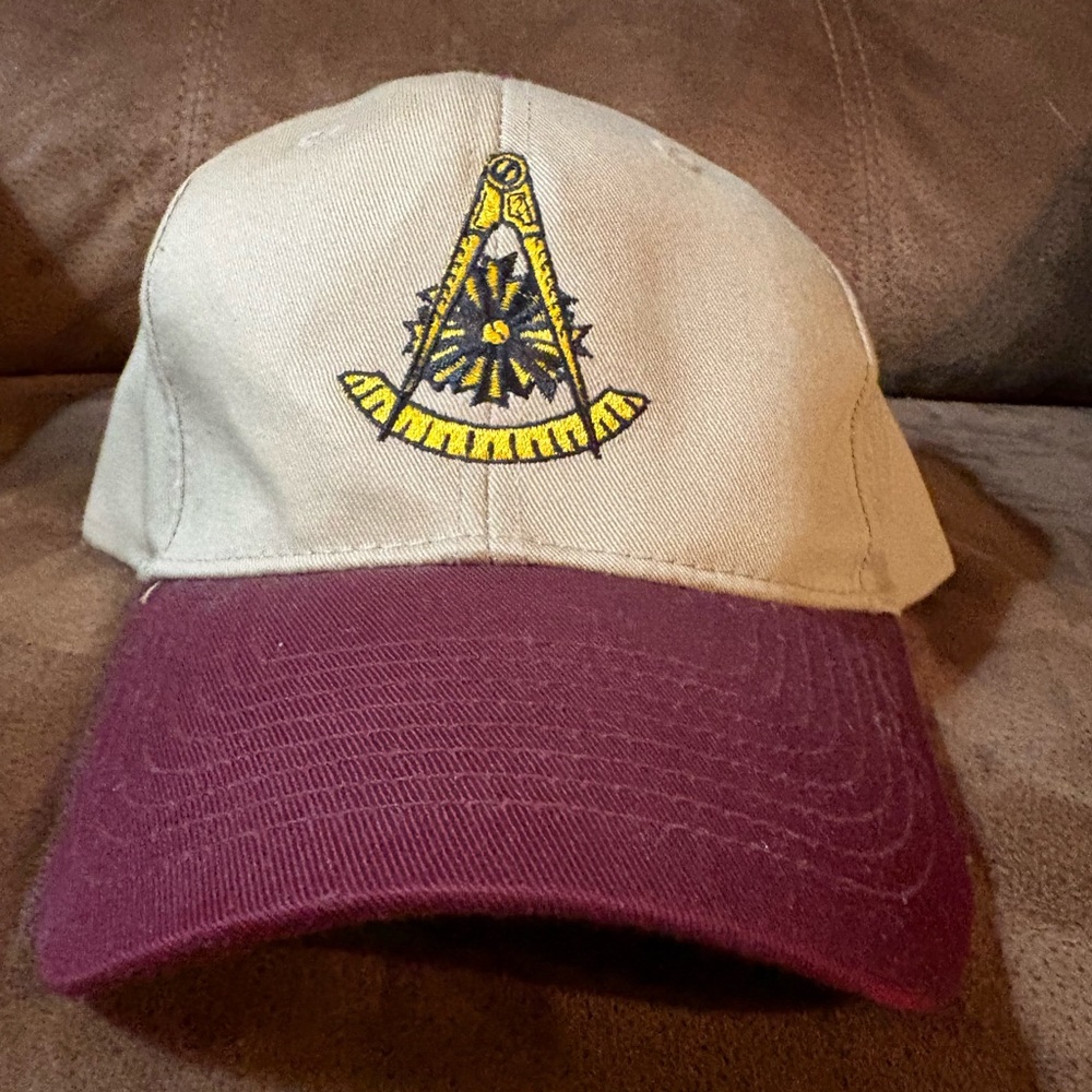 Kaki and Maroon Mason Baseball Hat, Cloth and a plastic Adjustable Back.